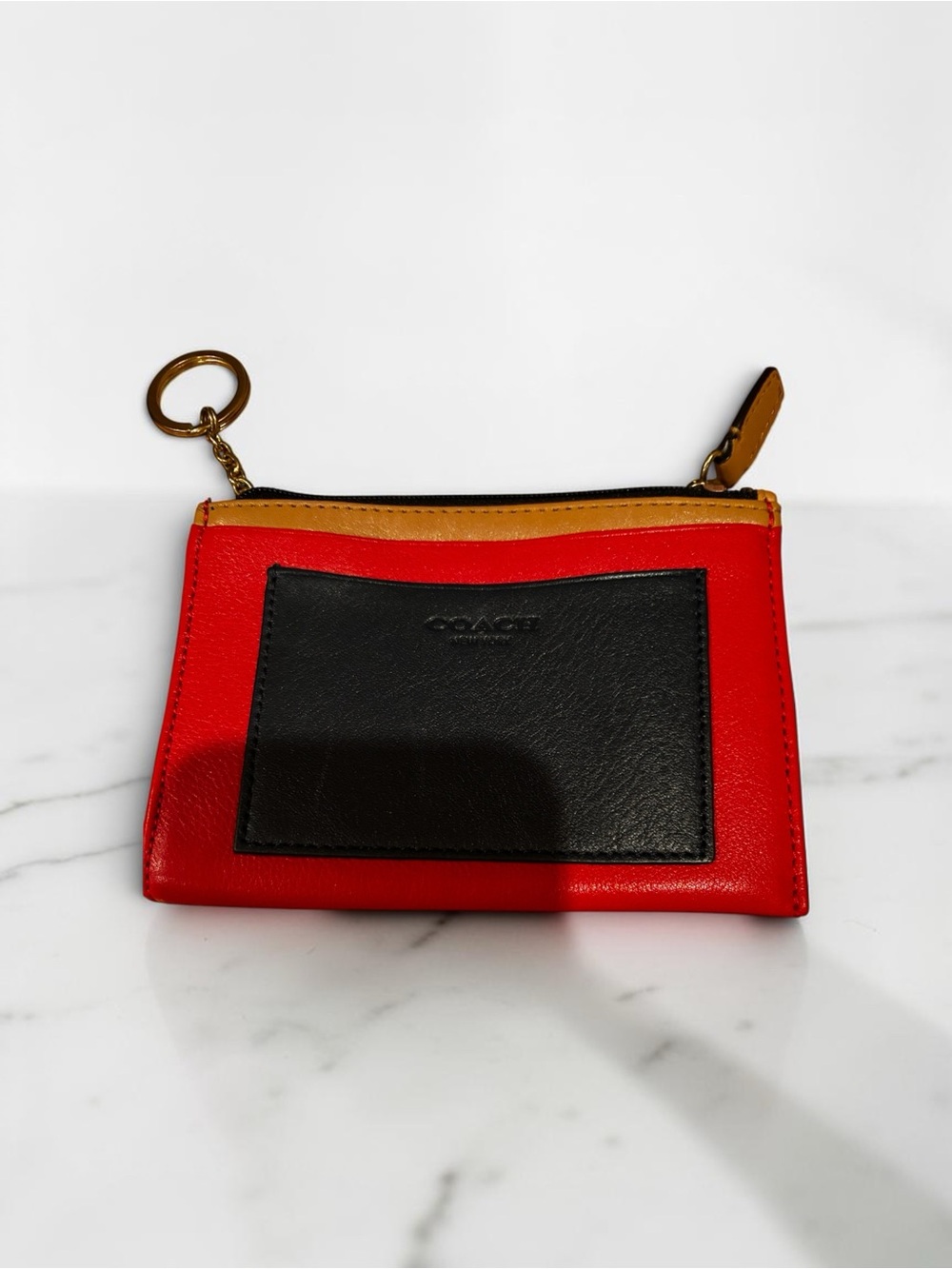 Coach Red Leather Card Pouch with Dark Navy and Tan Pocket plus chain purse